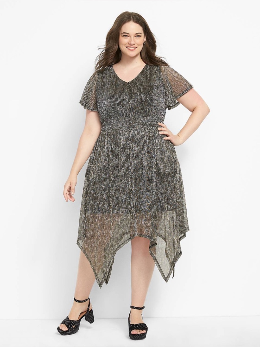 NWT Lane Bryant Grecian Sharkbite Hem metallic dress. Women’s size 34/36.